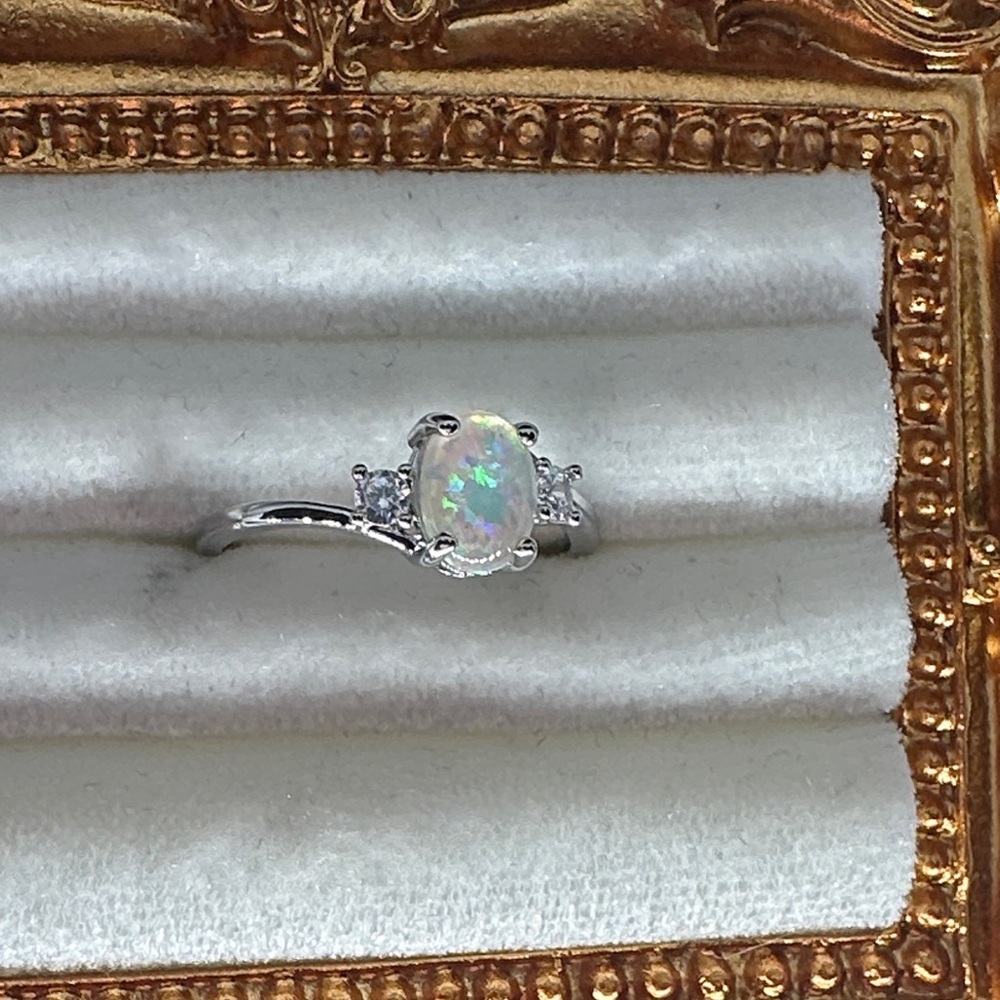 Iridescent Synthetic White Opal Ring 18K White Gold Plated Copper Band